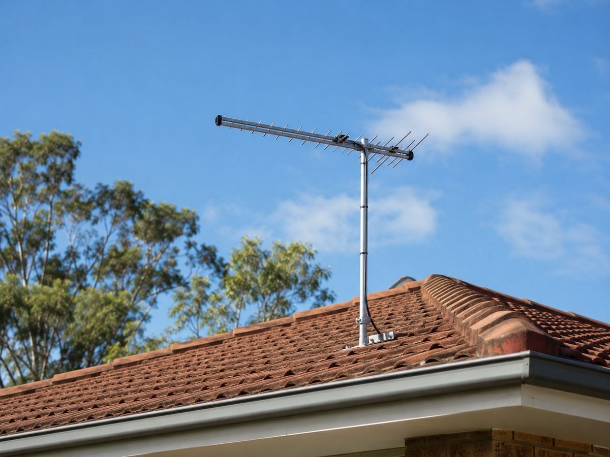 Apartment building rooftop with shared antenna equipment