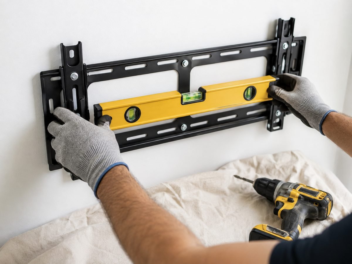 Installer levelling a TV wall bracket on a plasterboard wall